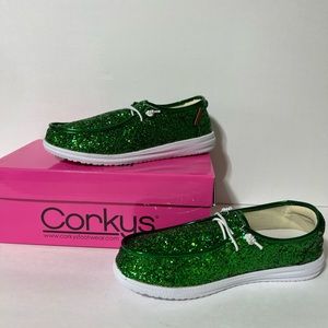 Corkys Womens Kayak Slip On Boat Sneakers Casual Shoes Green Glitter New In Box